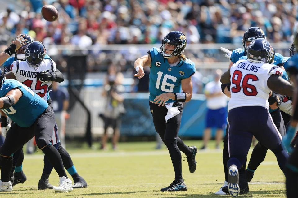 Jacksonville Jaguars quarterback Trevor Lawrence (16) throws the ball during the second quarter of an NFL football game Sunday, Oct. 9, 2022 at TIAA Bank Field in Jacksonville. The Texans won 13-6. [Corey Perrine/Florida Times-Union]