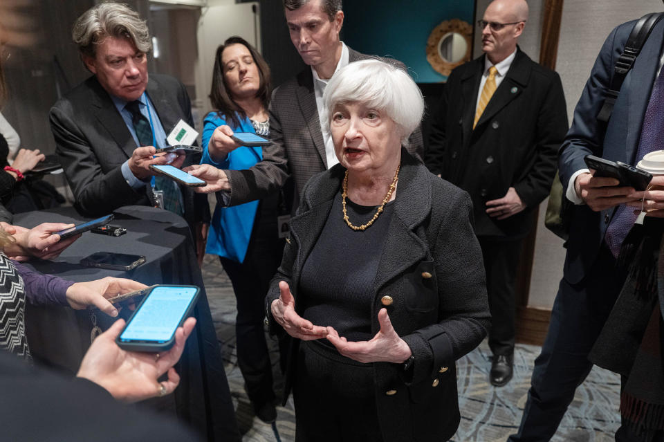 Secretary of the Treasury Janet Yellen fields questions from reporters. (Scott Olson / Getty Images)