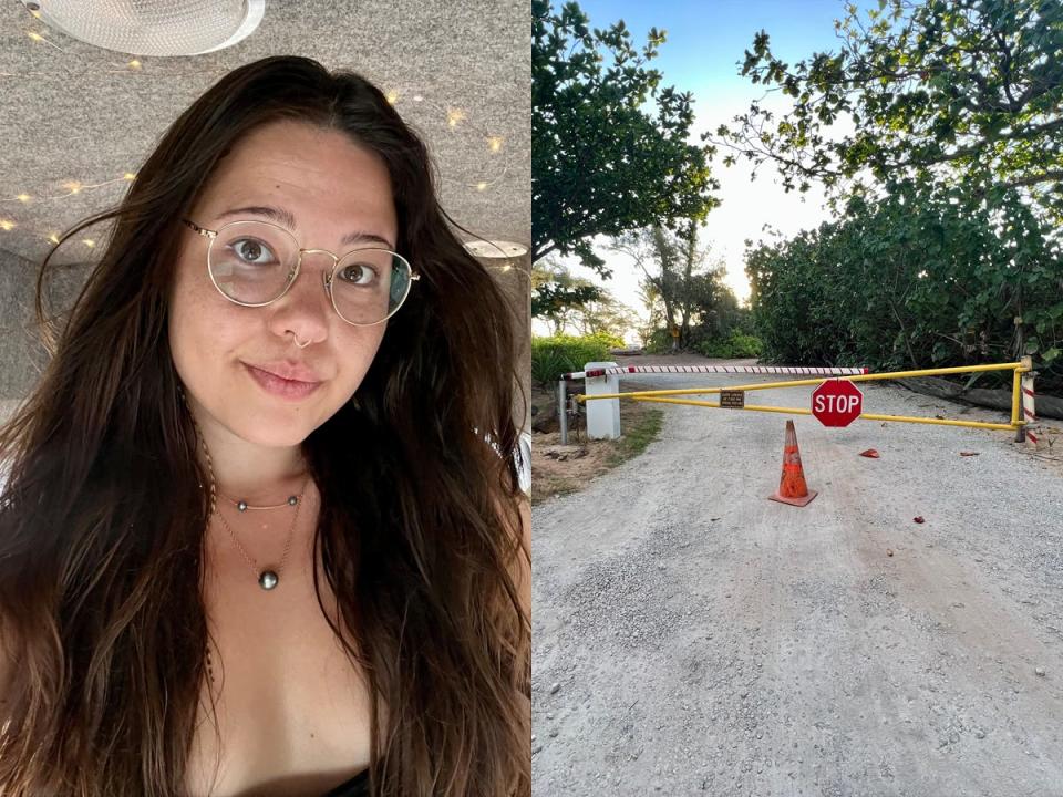 the writer looking unimpressed in the van next to photo of closed gate with 