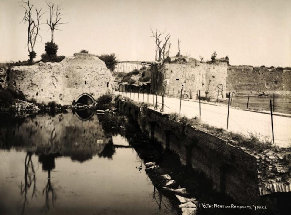 The moat and the ramparts at Ypres in Belgium, photographed soon after the end of World War One, circa March 1919. This image is from a series documenting the damage and devastation that was caused to towns and villages along the Western Front in France and Belgium during the First World War. (Photo by Popperfoto/Getty Images)