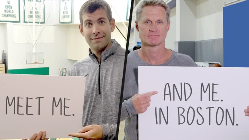 One lucky Positive Coaching Alliance donor won the chance to meet Brad Stevens and Steve Kerr before Thursday’s game. (@omaze via Twitter)
