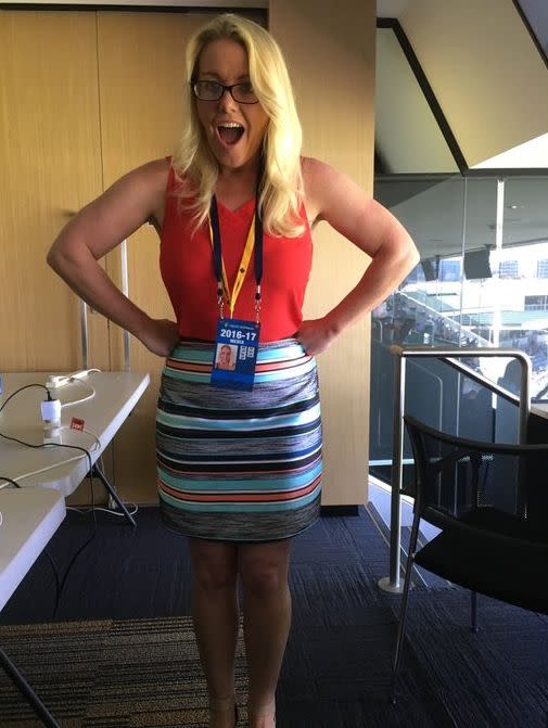 Melinda Farrell was told her skirt was too short. Photo: Twitter