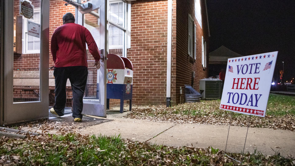 A voter arrives at the Veterans of Foreign Wars Post 3103 polling location on November 8, 2022 in Fredericksburg, Virginia. (Anna Rose Layden/Getty Images)