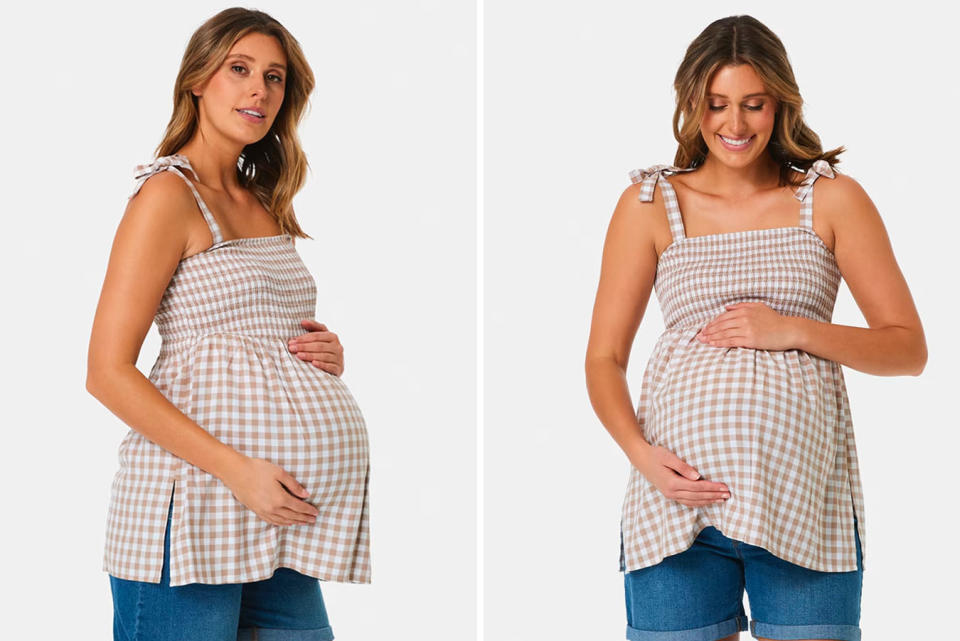 Two images of a woman modelling a maternity top against a grey background