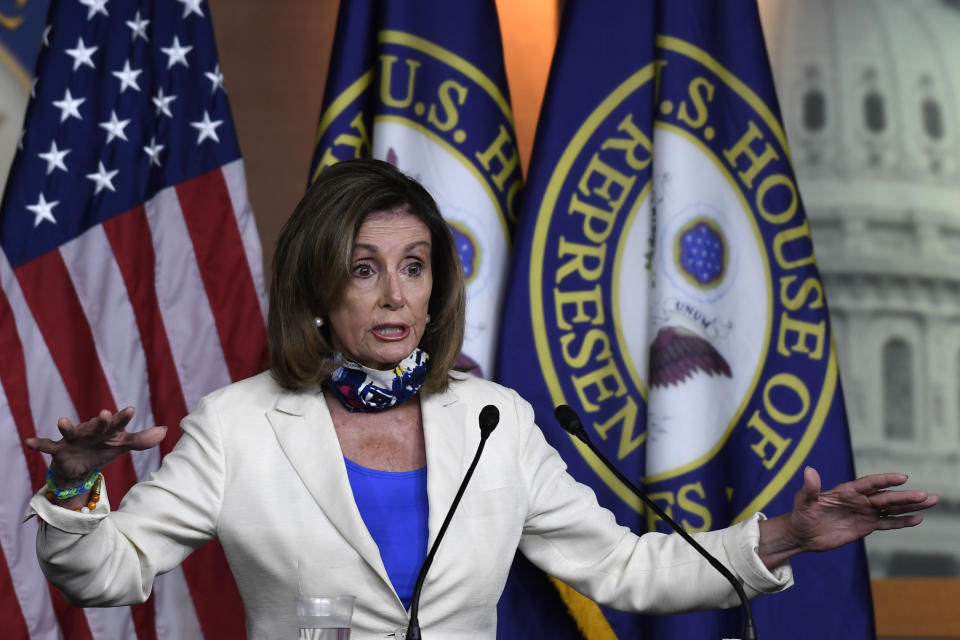 House Speaker Nancy Pelosi of Calif., speaks during a news conference on Capitol Hill in Washington, Thursday, July 16, 2020. (AP Photo/Susan Walsh)