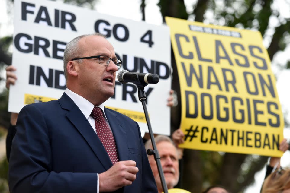 Opposition Leader Luke Foley speaking at a protest against the greyhound racing ban.