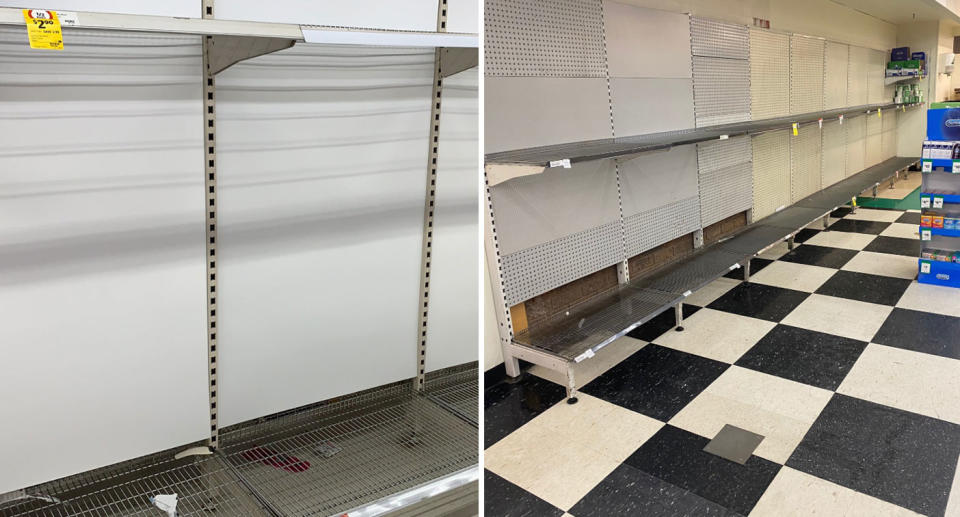 Empty shelves in aisles inside Coles and Woolworths Doncaster, right, as people panic-buy items. Source: Twitter