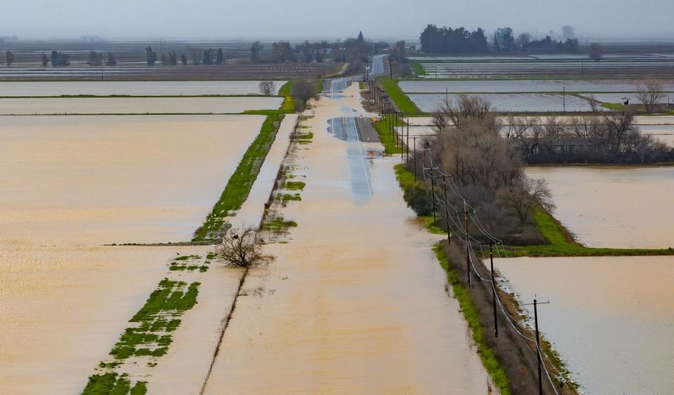 PHOTO: Biggs Willows Road is seen flooded and impassable in Willows, Calif., Feb. 19, 2024.  (Josh Edelson/AFP via Getty Images)