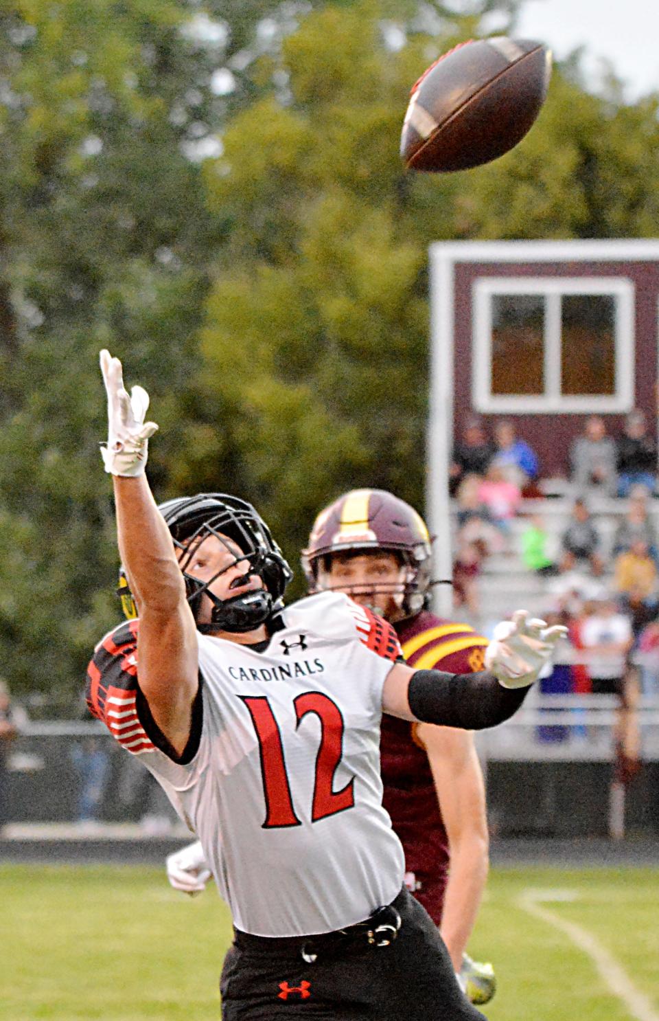 Deuel's Braydon Simon attempts to haul in a pass against Webster Area's Jacob Keller during their Northeast Conference high school football game Friday night in Webster. Deuel won 34-6.