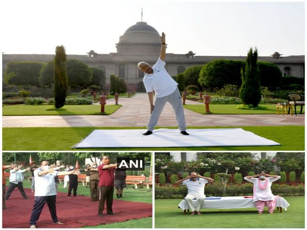 President Ram Nath Kovind, Vice President M Venkaiah Naidu, Union Health Minister Dr Harsh Vardhan performing yoga. (Photo/ ANI)