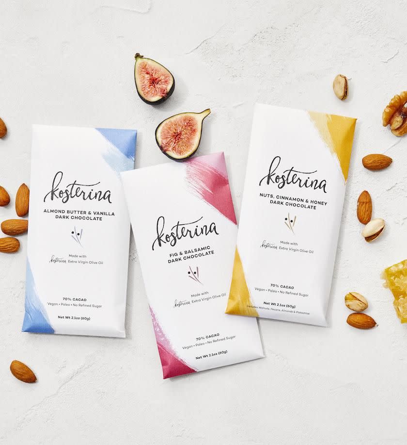 <p><strong>Kosterina</strong></p><p>kosterina.com</p><p><strong>$109.95</strong></p><p>This is not your ordinary chocolate bar. Kosterina chocolate is crafted with 100% pure, ultra-premium Greek EVOO that also happens to be high in antioxidants. These lightly sea-salted varieties are uniquely Mediterranean and absolutely addictive. </p>