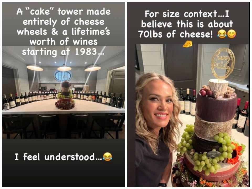 Screenshots of Carrie Underwood and her cheese cake from her Instagram stories.