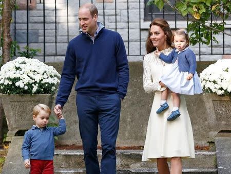 Britain's Prince William (2nd L), Catherine, Duchess of Cambridge, Prince George (L) and Princess Charlotte (R) arrive at a children's party at Government House in Victoria, British Columbia, Canada, September 29, 2016. REUTERS/Chris Wattie