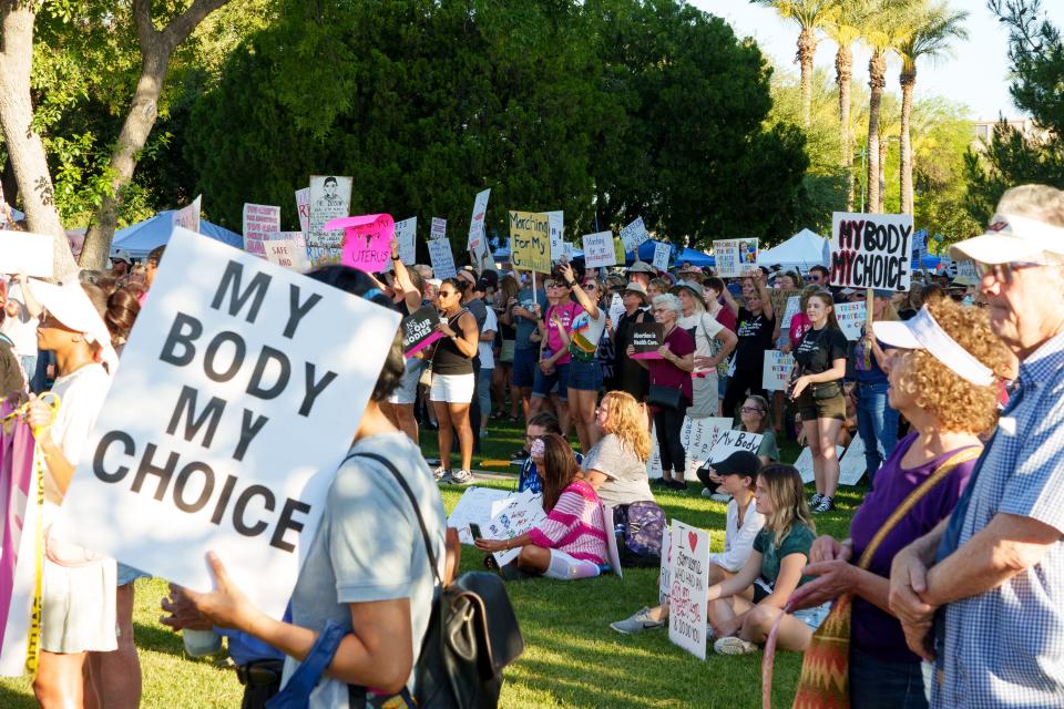 People rally for abortion rights on May 14, 2022 in Phoenix.