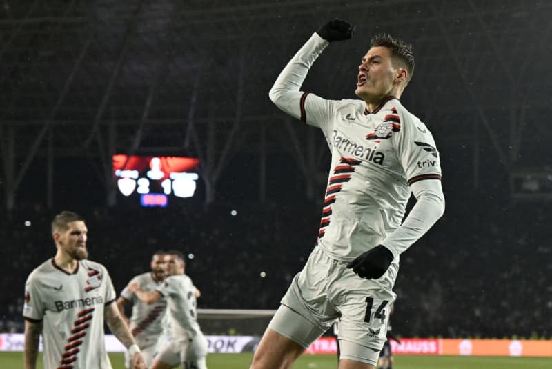 Leverkusen's Patrik Schick celebrates scoring his side's second goal during the UEFA Europa League round of 16 first leg soccer match between FK Karabakh Agdam and Bayer Leverkusen at Tofiq Bahramov Stadium. Federico Gambarini/dpa