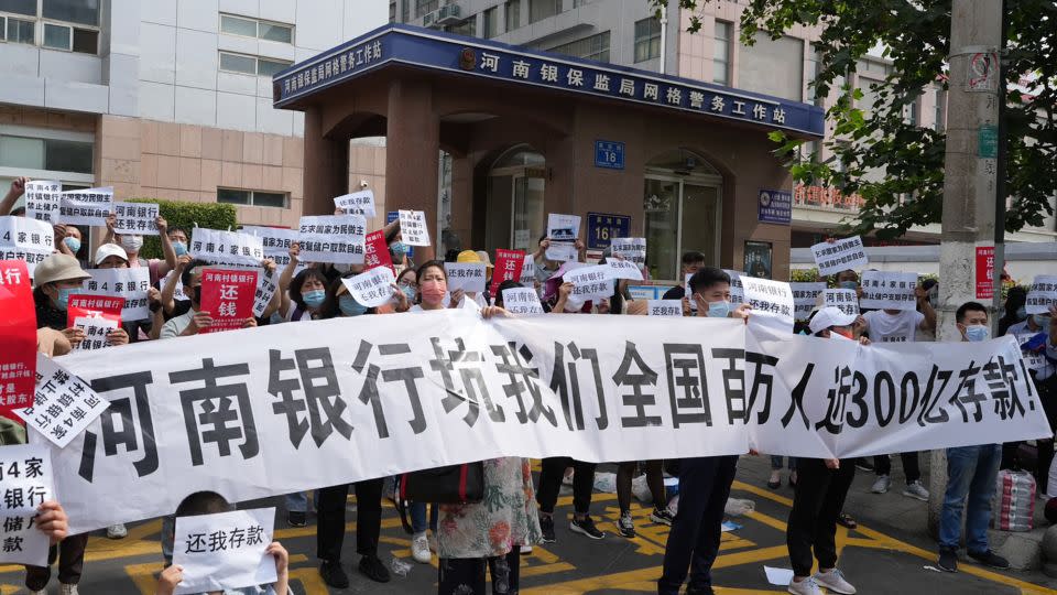 Depositors protest at the Henan branch of China's banking regulator in 2022 after their funds were frozen. - From Lan Nuo Nuo in February