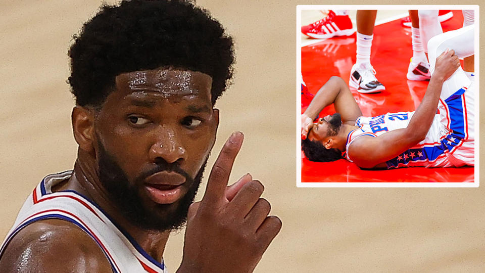 Seen here, Joel Embiid in obvious discomfort against the Atlanta Hawks in the NBA Playoffs.