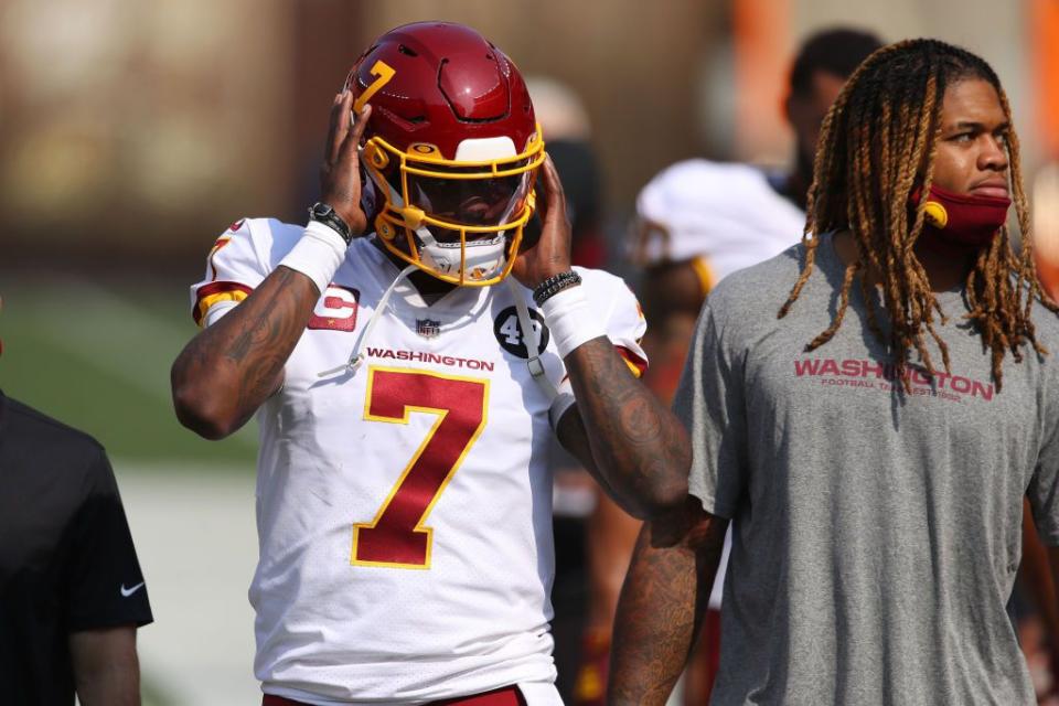 CLEVELAND, OHIO - SEPTEMBER 27: Dwayne Haskins #7 and Chase Young #99 of the Washington Football Team prior to playing the Cleveland Browns at FirstEnergy Stadium on September 27, 2020 in Cleveland, Ohio. Cleveland won the game 34-20. (Photo by Gregory Shamus/Getty Images)