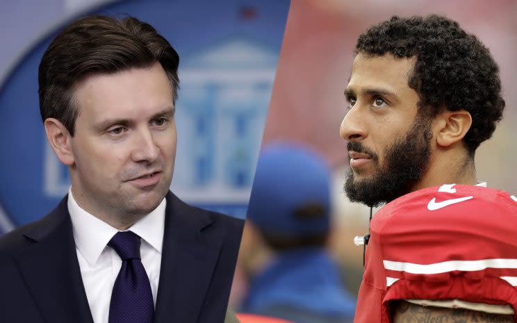 White House press secretary Josh Earnest; Colin Kaepernick. (Photos: Manuel Balce Ceneta/AP, Ben Margot/AP)