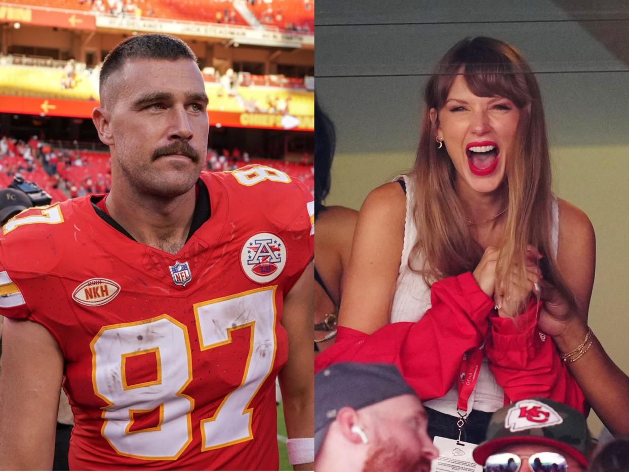 Travis Kelce, left, and Taylor Swift, right, at Arrowhead Stadium.