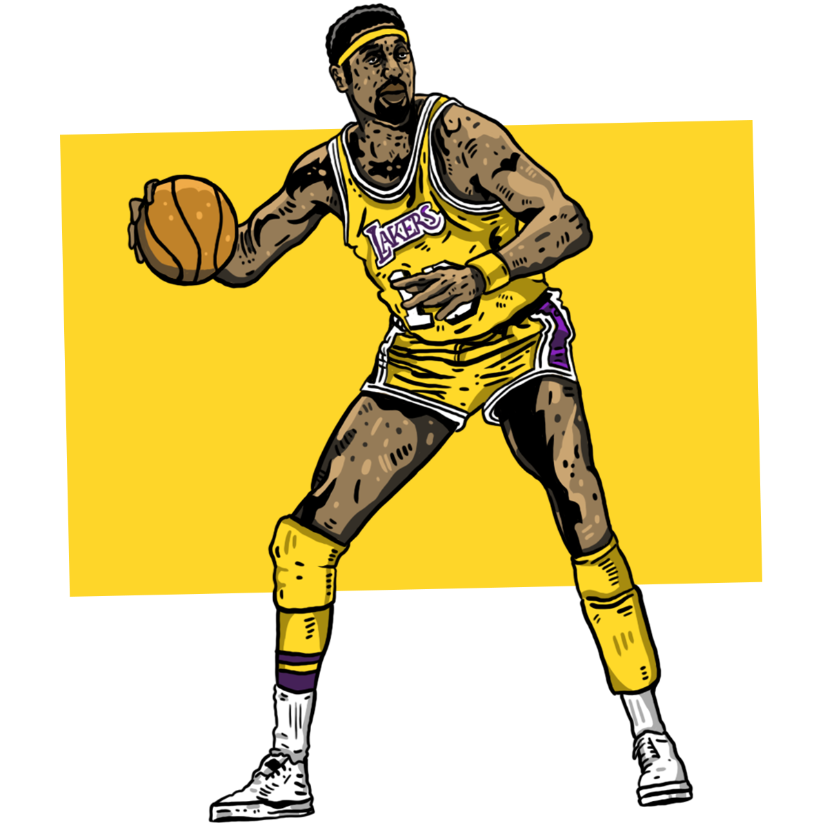 Illustration of Wilt Chamberlain in a yellow jersey dribbling a ball.