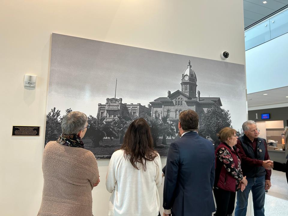 A picture of the 1889 Shasta County Courthouse is part of the display in the lobby of the new courthouse.