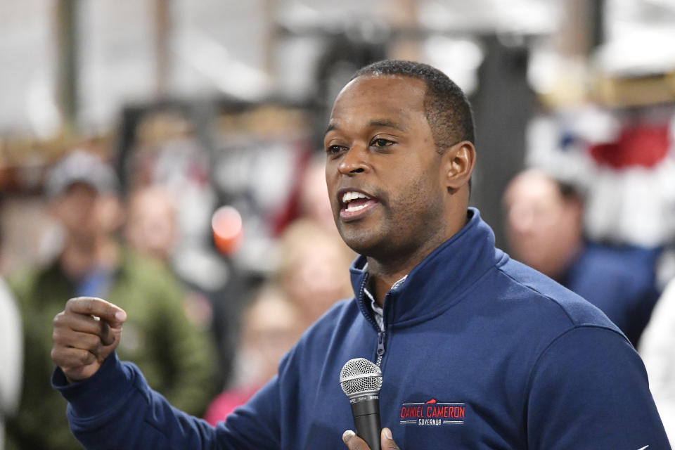 Kentucky Attorney General and Republican candidate for Governor Daniel Cameron speaks to supporters during a stop on his statewide bus tour in London, Ky., Tuesday, Oct. 31, 2023. (AP Photo/Timothy D. Easley)