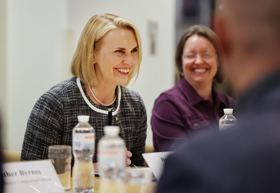 U.S. Ambassador to Ukraine Bridget A. Brink laughs after a comment as she attends a meeting with members of the Utah trade delegation at the embassy in Kyiv, Ukraine, on Tuesday, May 2, 2023. She also sat down independently to visit with the Deseret News. | Scott G Winterton, Deseret News