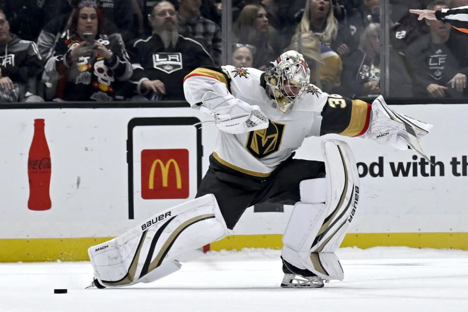 Vegas Golden Knights goaltender Logan Thompson reacts after stopping a shot by Los Angeles Kings left wing Kevin Fiala during the shootout in an NHL hockey game in Los Angeles, Saturday, Oct. 28, 2023. The Golden Knights won 4-3. (AP Photo/Alex Gallardo)