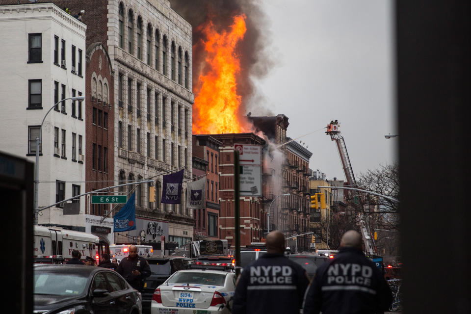 NEW YORK, NY - MARCH 26:  A building burns after an explosion on 2nd Avenue on March 26, 2015 in New York City. The seven alarm fire drew firefighters from across the city. A number of injuries have been reported. (Photo by Andrew Burton/Getty Images)