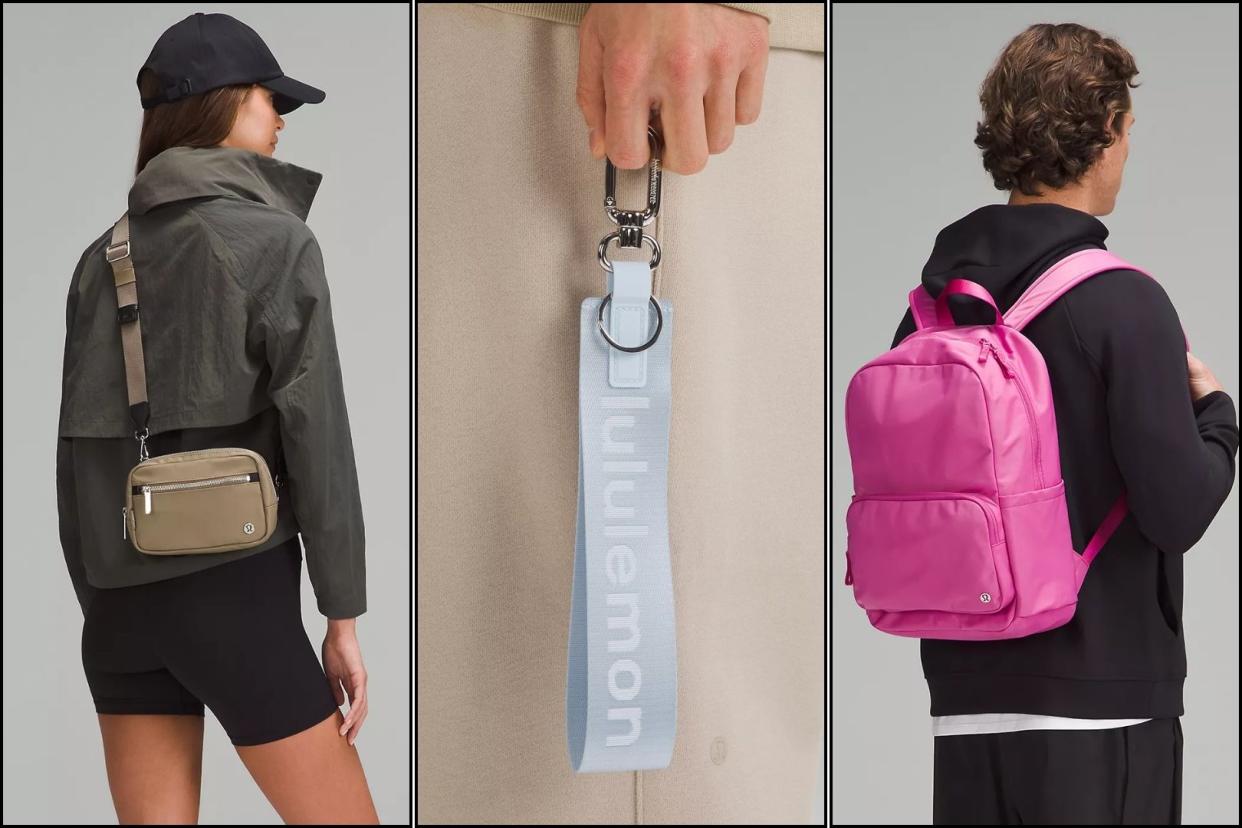 someone wearing a lululemon crossbody, holding a keychain and wearing a backpack