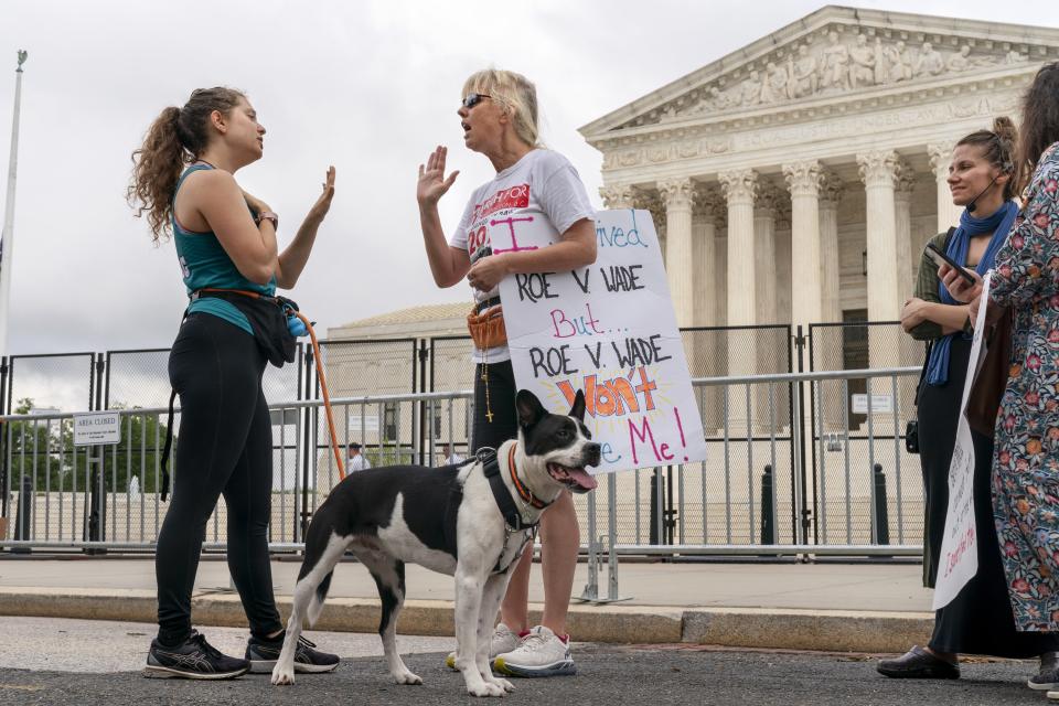 FILE - Lilo Blank, 23, of Philadelphia, left, who supports abortion rights, and Lisa Verdonik, of Arlington, Va., who is anti-abortion, talk about their opposing views on abortion rights, Friday, May 13, 2022, outside the Supreme Court in Washington, ahead of expected abortion rights rallies across the country on Saturday. One year ago, the U.S. Supreme Court rescinded a five-decade-old right to abortion, prompting a seismic shift in debates about politics, values, freedom and fairness. (AP Photo/Jacquelyn Martin, File)