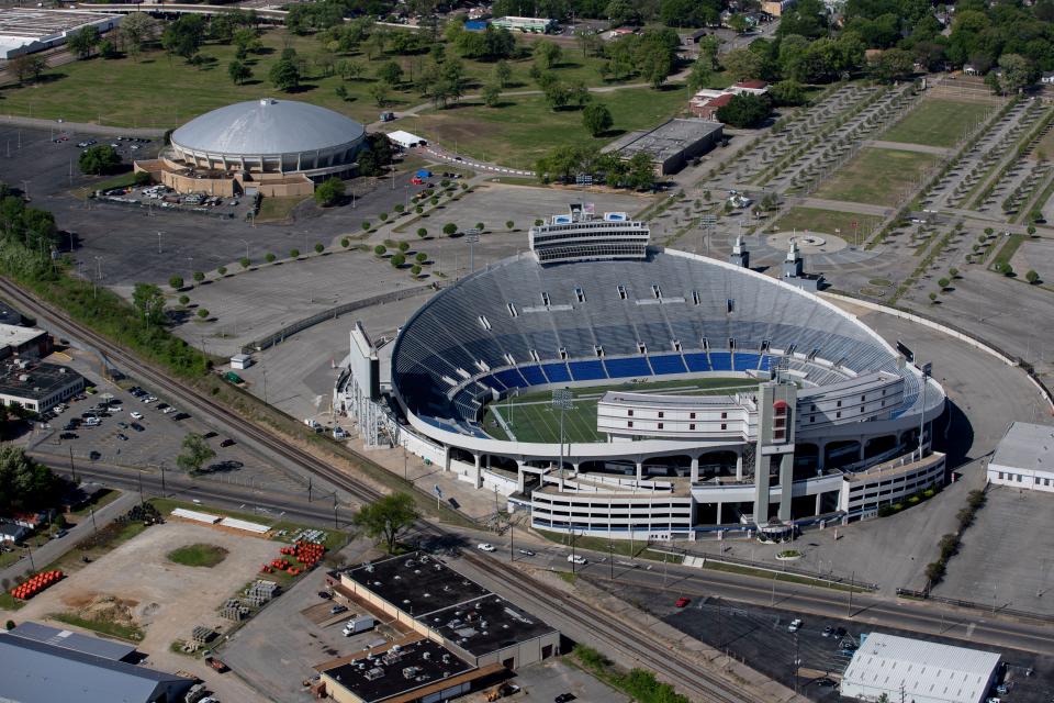 The Mid-South Coliseum, top left, and Simmons Bank Liberty Stadium