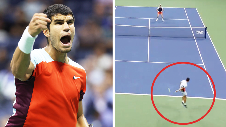 Carlos Alcaraz (pictured left) celebrating a winner and (pictured right) Alcaraz hitting a behind-the-back shot in the US Open quarter-final.