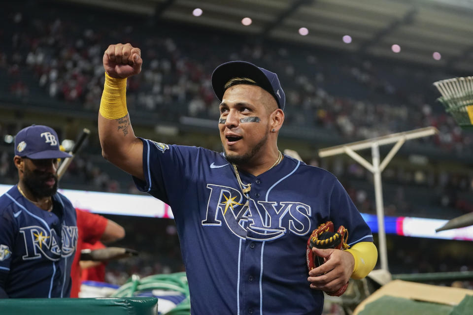 Tampa Bay Rays second baseman Isaac Paredes celebrates the team's win in 10 innings in a baseball game against the Los Angeles Angels, Friday, Aug. 18, 2023, in Anaheim, Calif. (AP Photo/Ryan Sun)