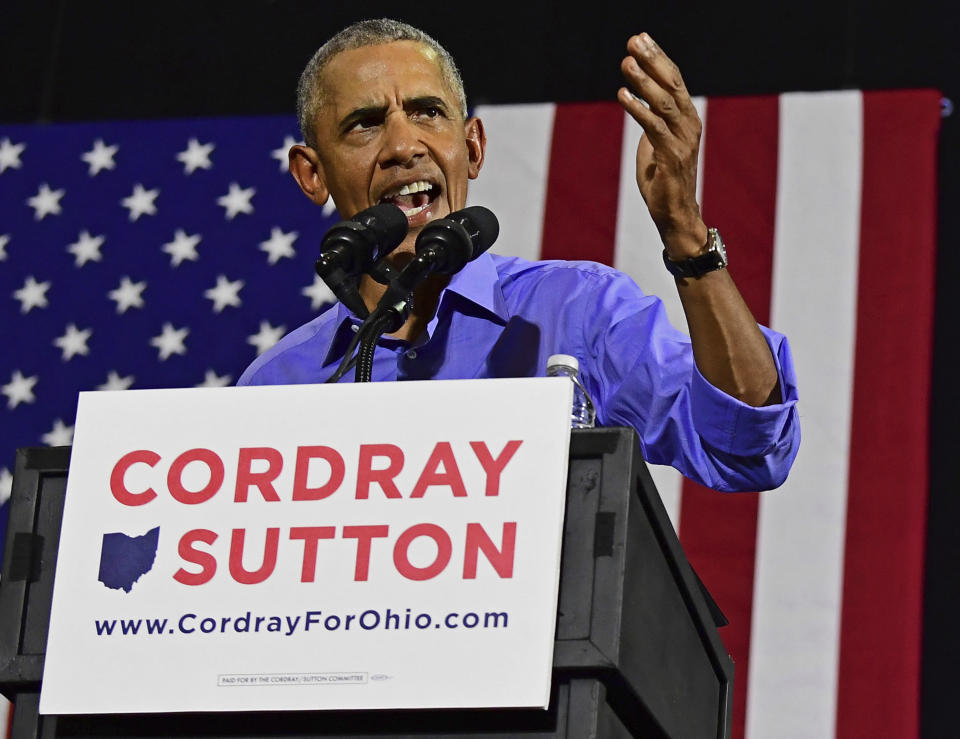 Former President Barack Obama speaks as he campaigns in support of Ohio gubernatorial candidate Richard Cordray, Thursday, Sept. 13, 2018, in Cleveland. (AP Photo/David Dermer)