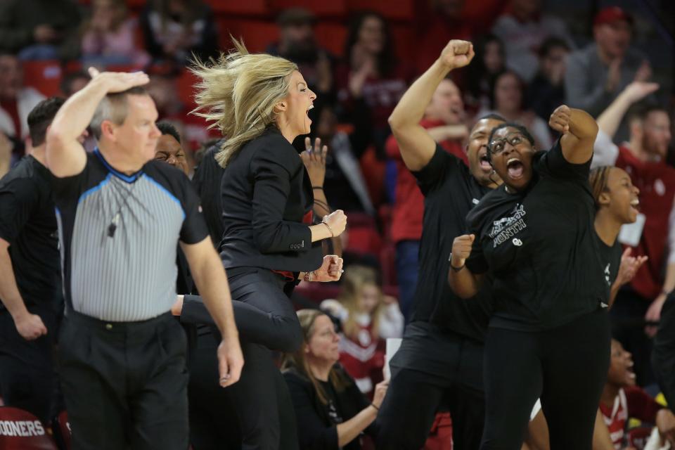 Oklahoma Sooners head coach Jennie Baranczyk celebrates during a women's college basketball game between the University of Oklahoma Sooners (OU) and the West Virginia Mountaineers at Lloyd Noble Center in Norman, Okla., Saturday, Feb. 4, 2023. 