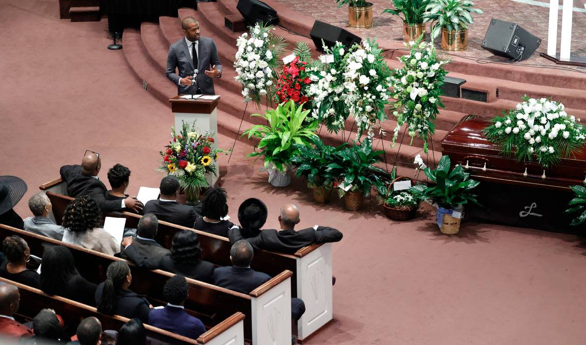 Bakarri Sellers speaks during the funeral for former Columbia Councilman Brian DeQuincey Newman at Brookland Baptist Church on Monday, Dec. 9, 2023.