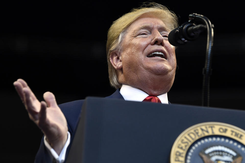 President Donald Trump speaks at a campaign rally in Sunrise, Fla., Tuesday, Nov. 26, 2019. (AP Photo/Susan Walsh)