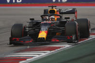 Red Bull driver Max Verstappen of the Netherlands steers his car during the qualification for the upcoming Russian Formula One Grand Prix, at the Sochi Autodrom circuit, in Sochi, Russia, Saturday, Sept. 26, 2020. The Russian Formula One Grand Prix will take place on Sunday. (Maxim Shemetov/Pool Photo via AP)