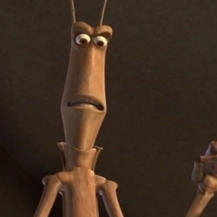 Slim the walking stick bug from Disney Pixar's A Bug's Life with a furrowed brow and a frown