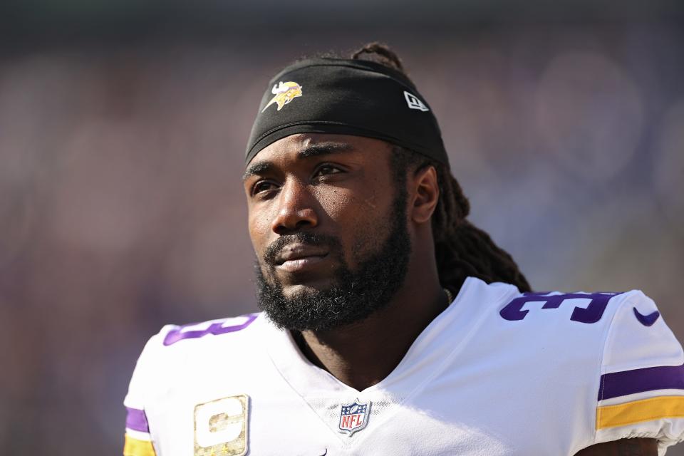 Dalvin Cook of the Minnesota Vikings looks on before the game against the Baltimore Ravens at M&T Bank Stadium on November 07, 2021 in Baltimore, Maryland.