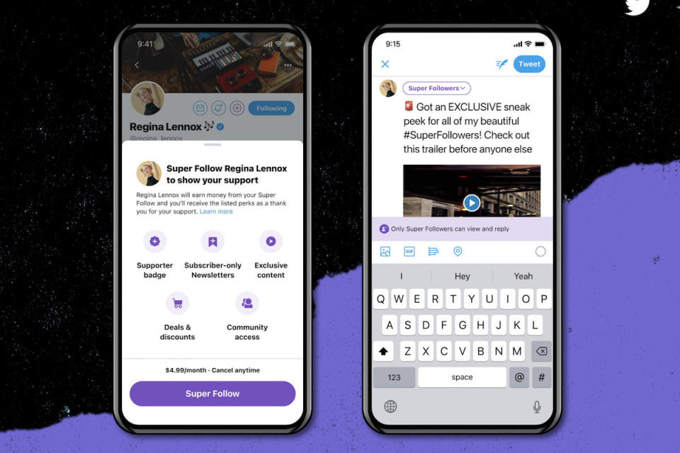 Two screenshots of Twitter's new "Super Follows" feature shown on smartphones