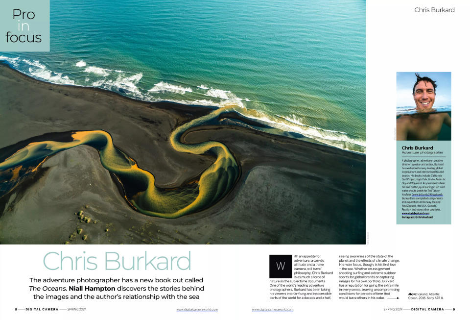 Image of first two pages of the Pro in Focus profile of adventure photographer Chris Burkard, in issue 280 of Digital Camera magazine