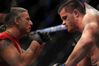 LAS VEGAS, NV - MAY 26: CB Dollaway (right) receives instructions from his teammate during a middleweight bout at UFC 146 at MGM Grand Garden Arena on May 26, 2012 in Las Vegas, Nevada.