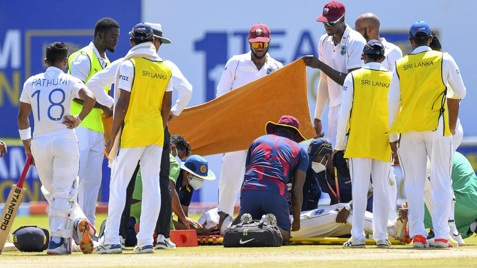 Jeremy Solozano, pictured here being attended to by medical staff after the horror head knock.