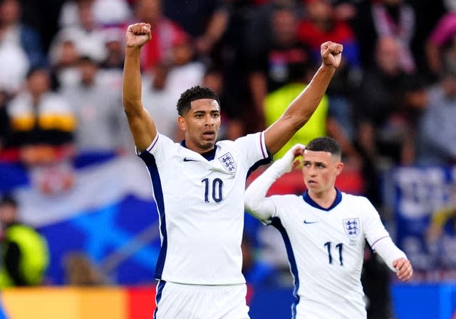 Jude Bellingham raises his arms during the Serbia v England Euro 2024 game