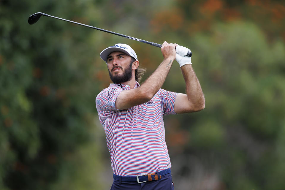 Max Homa tees off on the fourth hole during the third round of the Genesis Invitational golf tournament at Riviera Country Club, Saturday, Feb. 18, 2023, in the Pacific Palisades area of Los Angeles. (AP Photo/Ryan Kang)