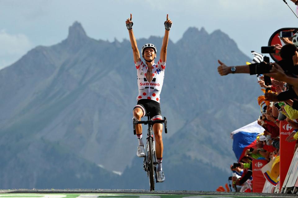 <p>Warren Barguil of France, riding for Team Sunweb, is the first to cross the finish line of stage 18 in the 2017 Tour de France on July 20, 2017 in Briancon, France. </p>