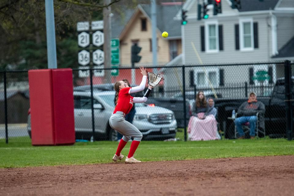 Hornell second baseman Madyson Conner settles under a pop-up during Wednesday evening's 5-4 walk-off win over visiting Livonia.